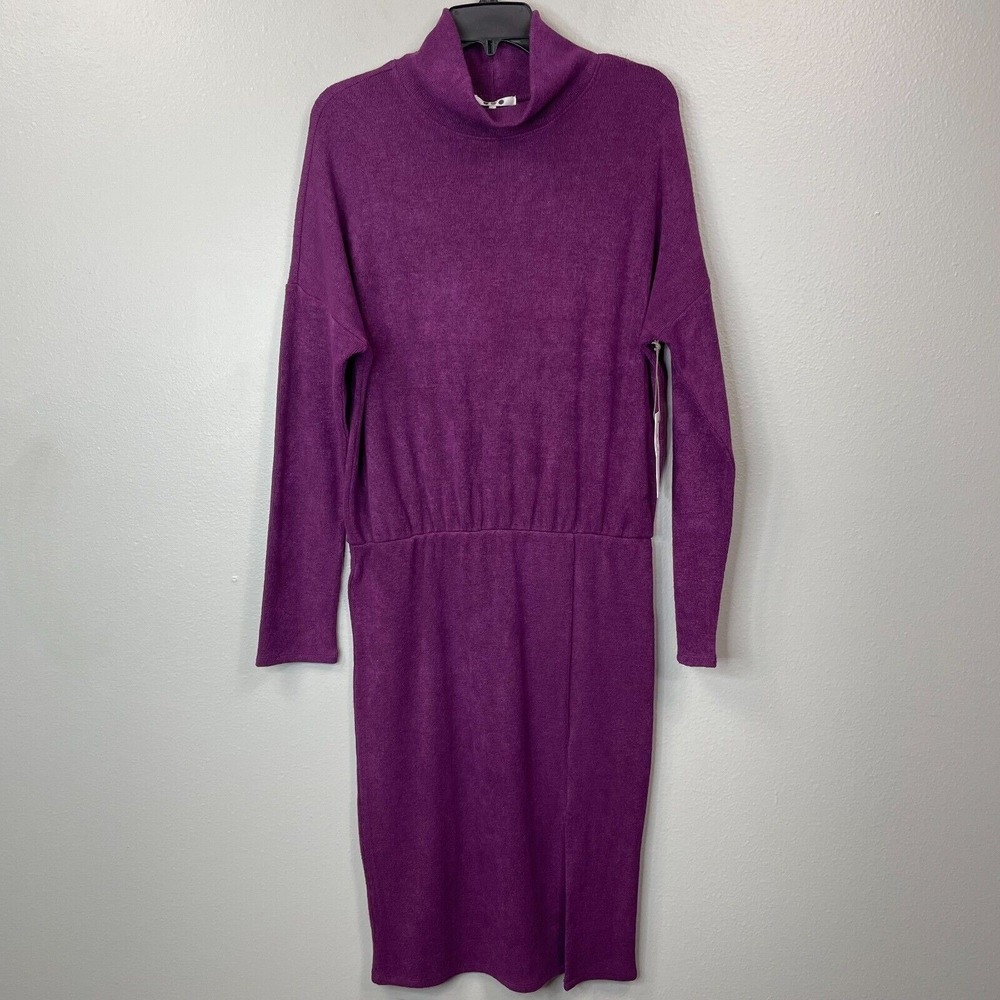 Three Dots Womens Large Purple Brushed Rib Knit Mock Neck Blouson Dress New